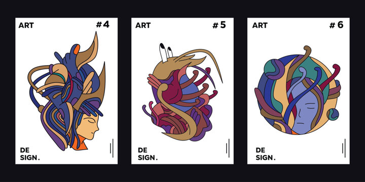 A collection of abstract background patterns. Woman and shrimp face. suitable for web design, landing pages, social media stories and printed materials.