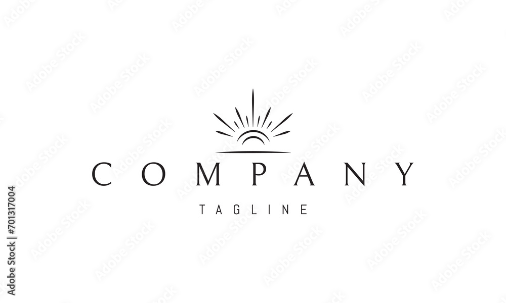 Wall mural vector logo with an abstract image of a shining sun on the horizon in a linear style.