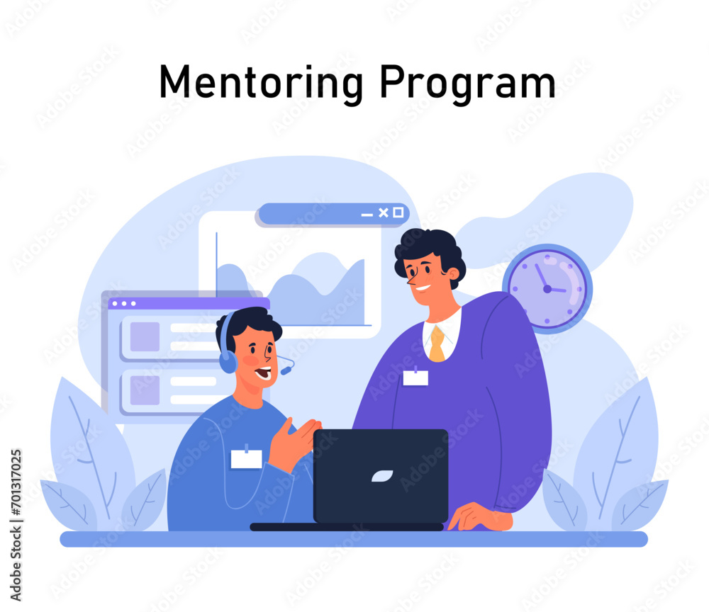 Poster mentoring program concept. senior colleague guiding a young professional, fostering skill developmen