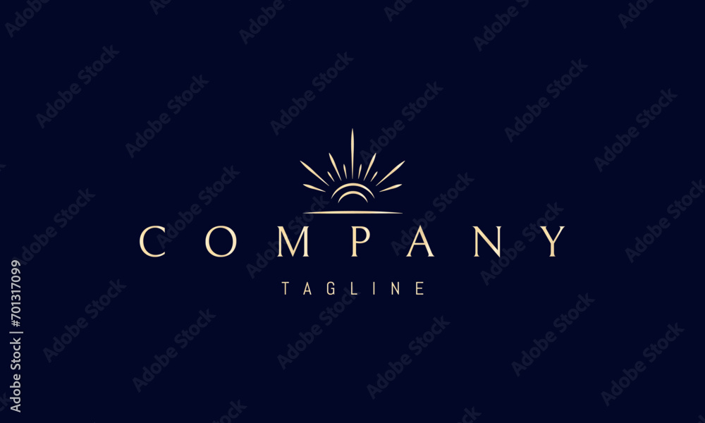 Wall mural vector golden logo with an abstract image of a shining sun on the horizon in a linear style.
