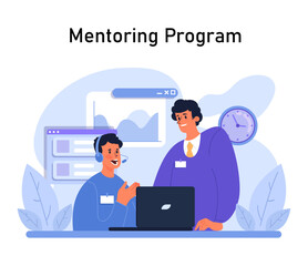 Mentoring Program concept. Senior colleague guiding a young professional, fostering skill development and collaboration in a digital workspace. Flat vector illustration.