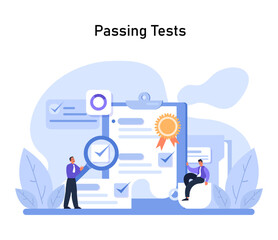Passing Tests concept. Enthusiastic professionals highlight a completed checklist symbolizing successful employee onboarding and task accomplishment. Flat vector illustration.