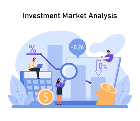 Market Intelligence. Meticulous investment market analysis, trend spotting, and financial forecasting. Insightful data interpretation for investment decisions. Flat vector illustration.