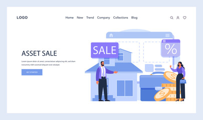 Asset Liquidation web or landing. A strategic approach to selling assets with a focus on real estate, aiming for profitability and financial turnover. Flat vector illustration.