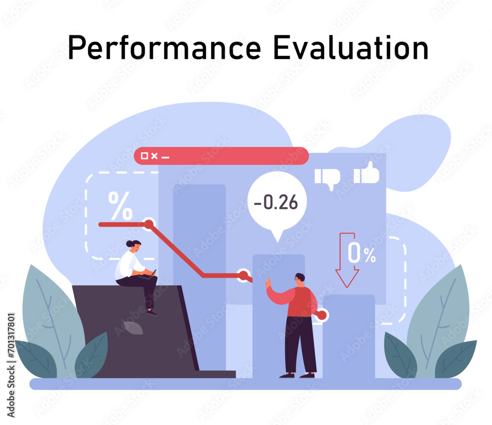 Poster performance evaluation concept. professionals analyzing declining metrics and strategizing for busin