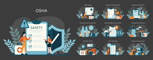 OSHA set. Workplace safety procedures and emergency readiness. Employee training, equipment checks, and fire hazard control. Safety plan development and worker consultation. Flat vector illustration - obrazy, fototapety, plakaty