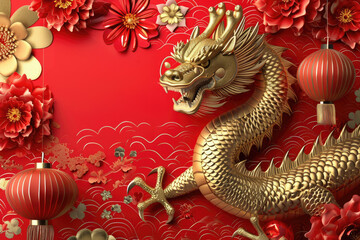 Obraz premium Chinese New Year 2024, the year of the Dragon, dragon zodiac sign, banner, poster, empty space text 