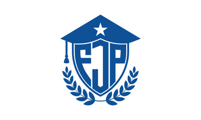 FJP three letter iconic academic logo design vector template. monogram, abstract, school, college, university, graduation cap symbol logo, shield, model, institute, educational, coaching canter, tech
