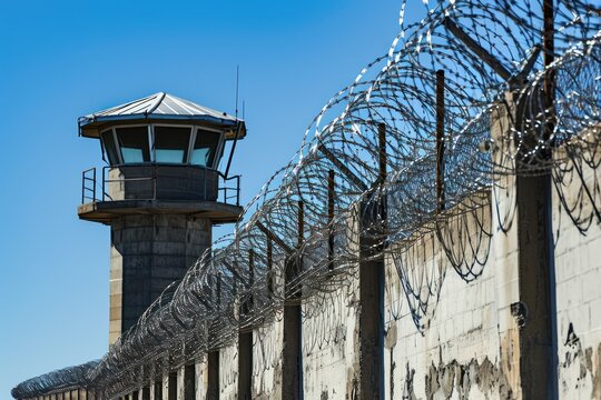 A high perimeter wall topped with rolls of barbed wire circles at a prison facility - AI Generated Digital Art