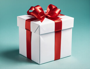 Obraz premium Open gift box or present box with red ribbon and bow isolated on green blue pastel color background 