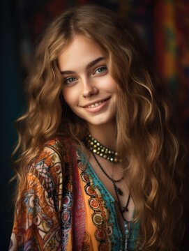 Very Beautiful hippie girl in esoteric jewelry at an open air festival