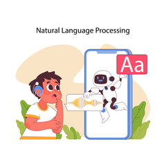 AI in education exploring natural language processing, with a robot teaching phonetics to an attentive student. Flat vector illustration