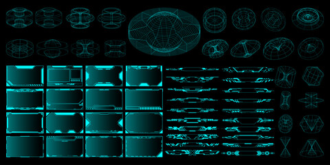 Sci Fi futuristic HUD, GUI, UI interface set and 3D shapes. Cyberpunk graphic box, 3D geometric shapes, Digital arts, futuristic elements, icons, wireframe. HUD, UI, frames. Vector graphic © THETO STUDIO