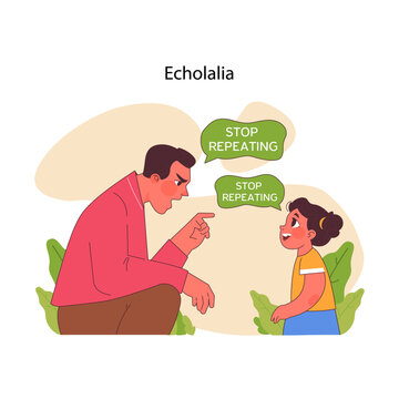 Capturing a moment of echolalia, this illustration gently portrays the challenges of repetitive speech in autism communication. Flat vector illustration.