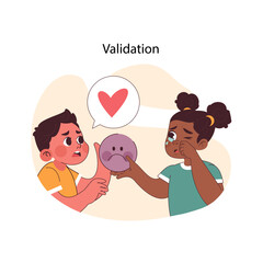 Validation concept. Two children engage in emotional communication, with one offering a comfort toy to another to foster understanding and care. Flat vector illustration