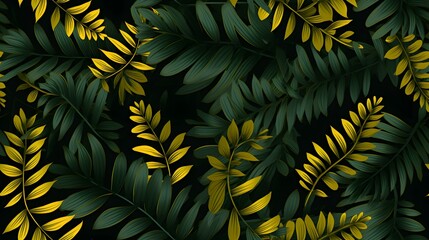 Seamless green and gold leaves on a black background tiled
