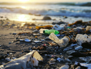 rubbish is scattered on the beach and pollutes the environment