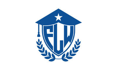 FLW three letter iconic academic logo design vector template. monogram, abstract, school, college, university, graduation cap symbol logo, shield, model, institute, educational, coaching canter, tech