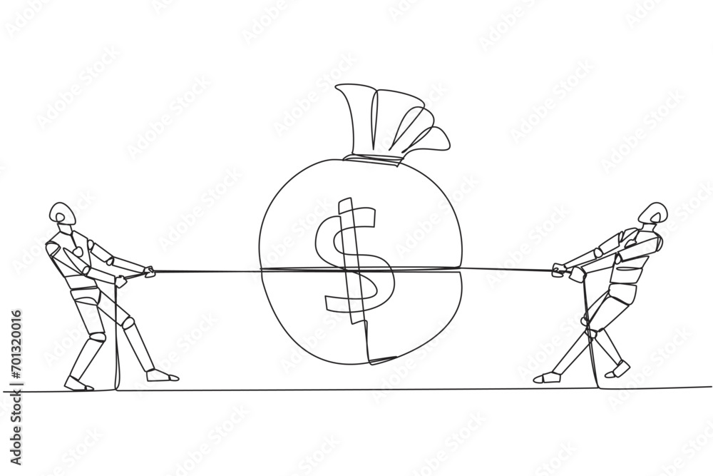 Poster single continuous line drawing two robots fighting over a money bag. misunderstood artificial intell