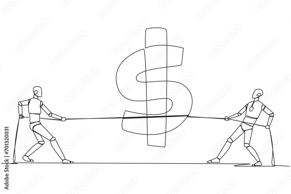 Poster single one line drawing two robots fighting over dollar symbol. fighting for profit. keeping share v