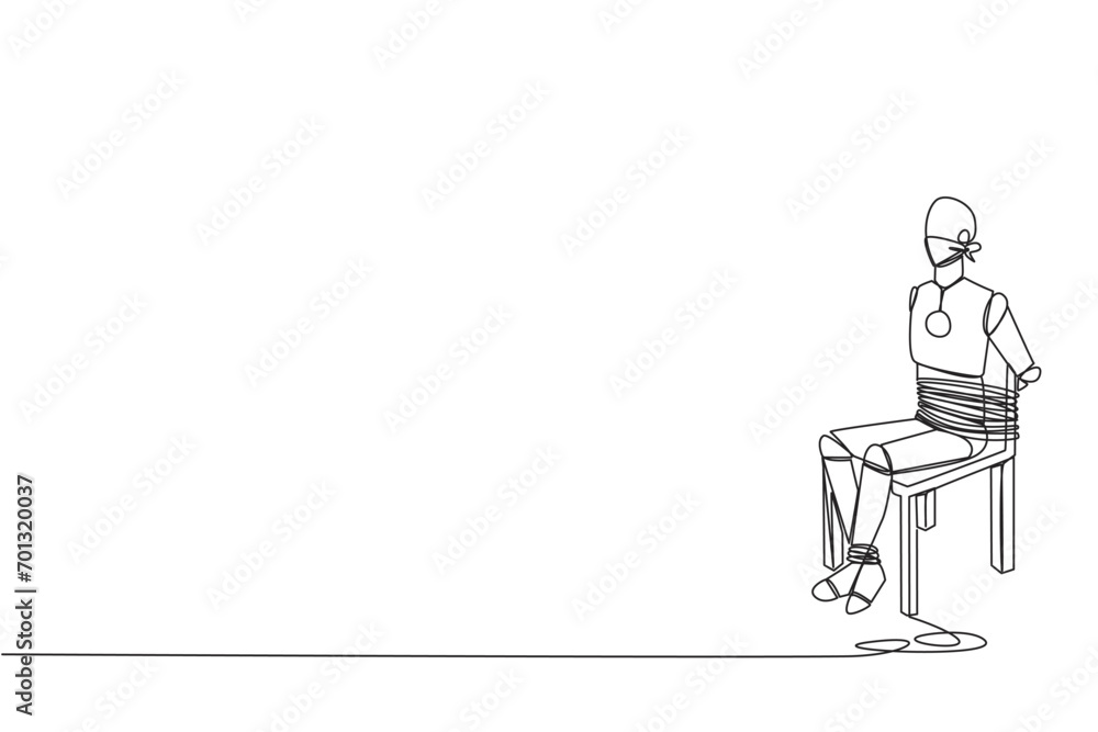 Poster continuous one line drawing the robot sits and helpless. used as material for advanced artificial in