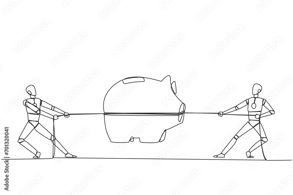 Poster continuous one line drawing two robots fighting over a piggy bank. competition is fierce to be able 