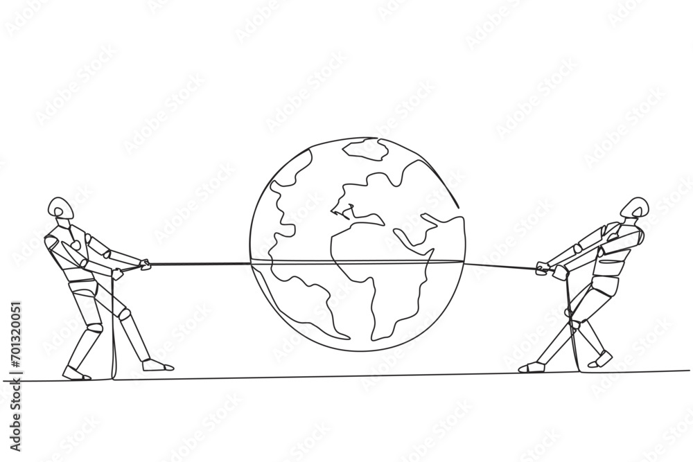 Poster continuous one line drawing two robots fighting over globe. fight like a cowboy. competition to expl