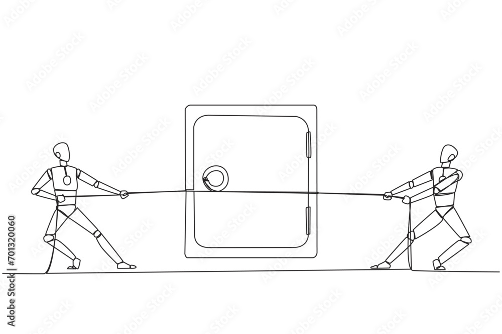 Poster single continuous line drawing two robots fighting over a safe deposit box. competition for the best