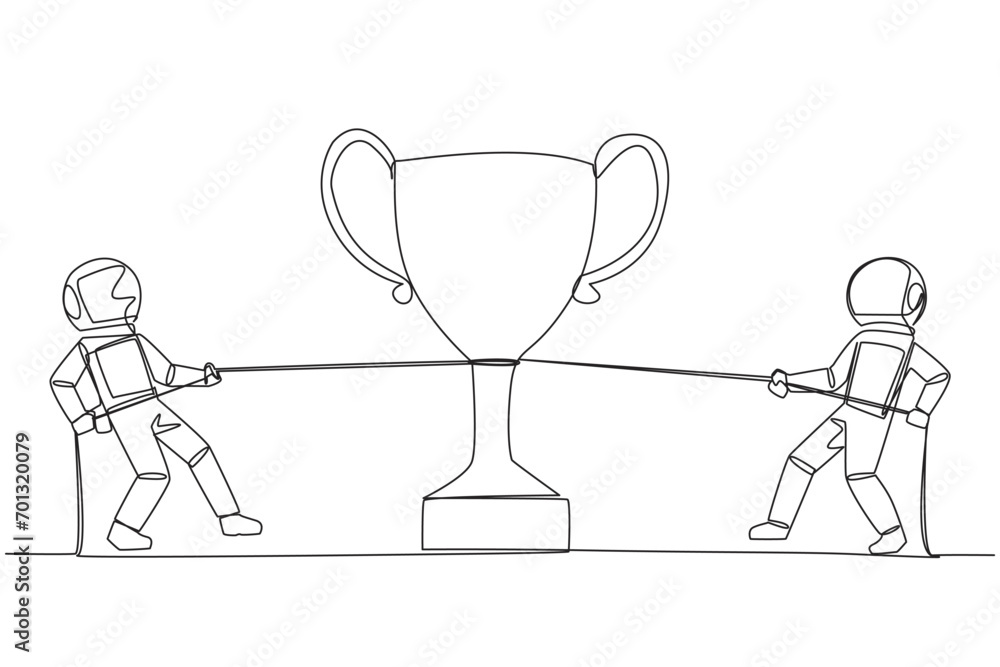 Poster continuous one line drawing two astronauts fighting for a trophy. fierce battle to be the first to c