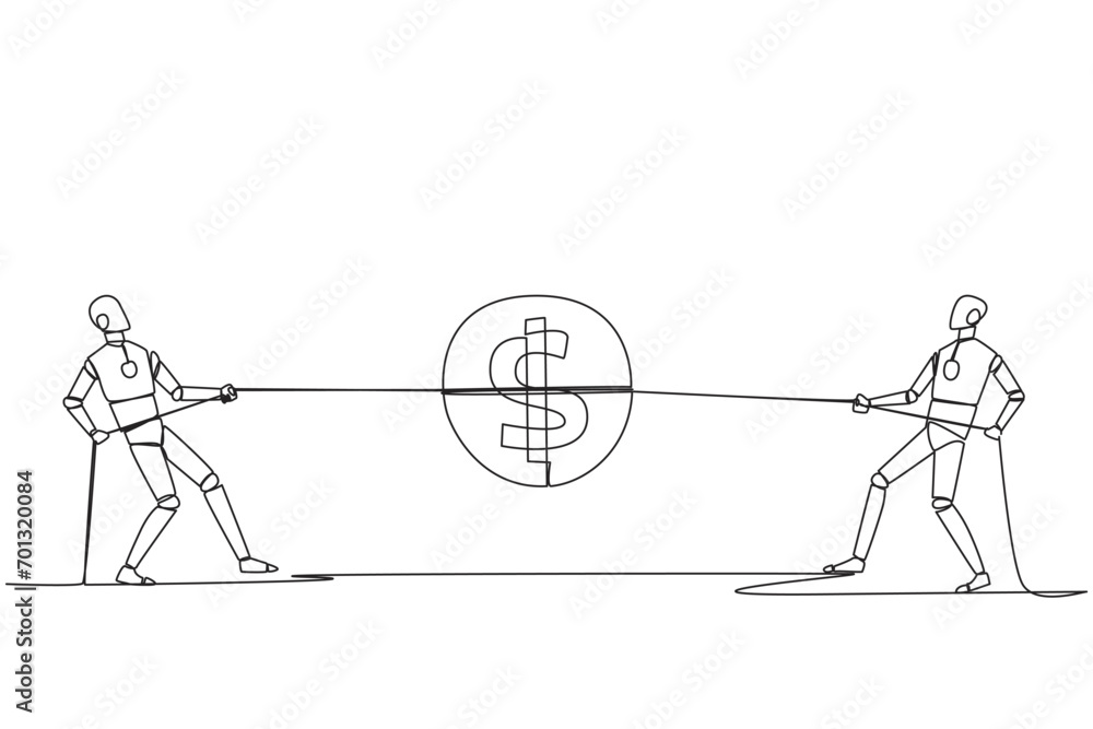 Poster single one line drawing two robots fighting over a coin with a dollar symbol. competition for the hi