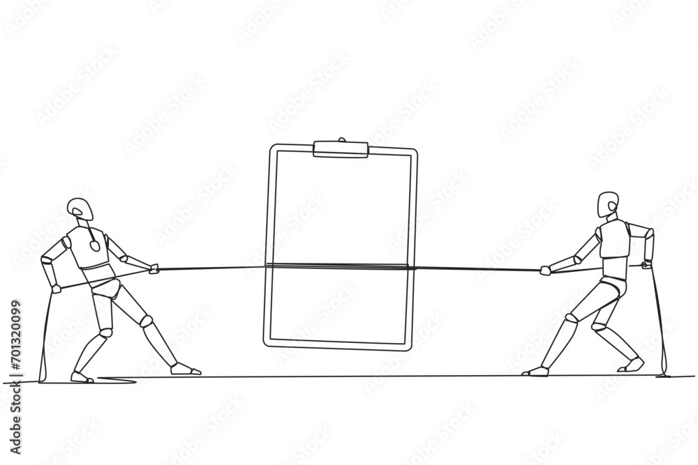 Poster single continuous line drawing two smart robots fighting over a clipboard. battle like a cowboy. com
