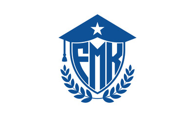 FMK three letter iconic academic logo design vector template. monogram, abstract, school, college, university, graduation cap symbol logo, shield, model, institute, educational, coaching canter, tech