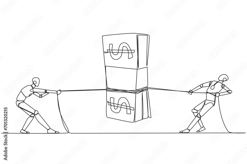 Poster single continuous line drawing two smart robot fighting over banknotes. compete for the rights to li
