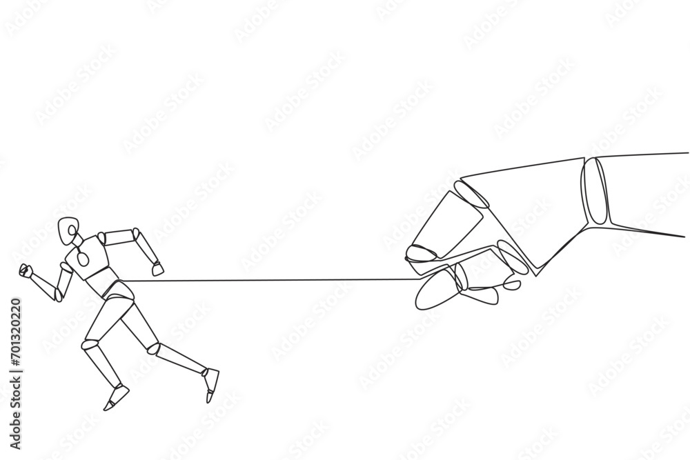 Poster single continuous line drawing robot runs but its stomach is tied. artificial intelligence makes the