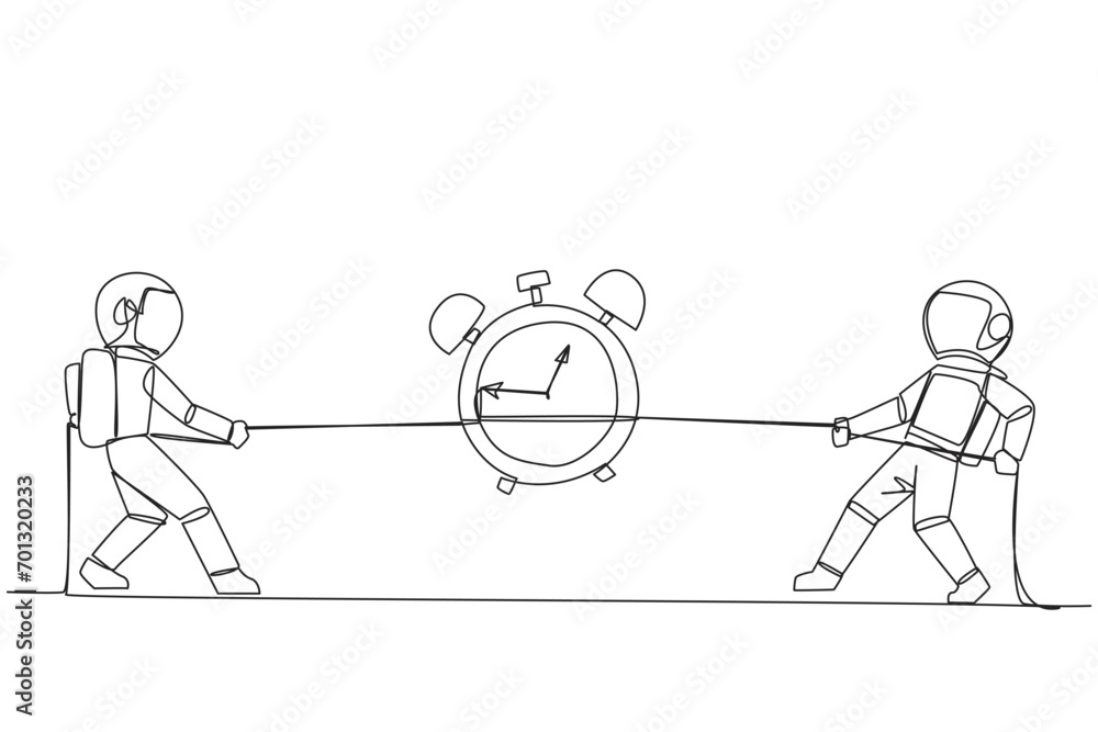 Aufkleber continuous one line drawing two astronauts fighting over an alarm clock. a fierce battle over the ce