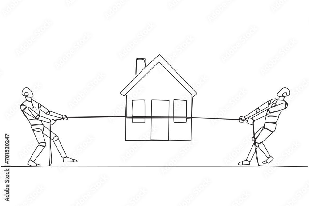 Poster continuous one line drawing two smart robots fight over a miniature house. beat each other to get sm