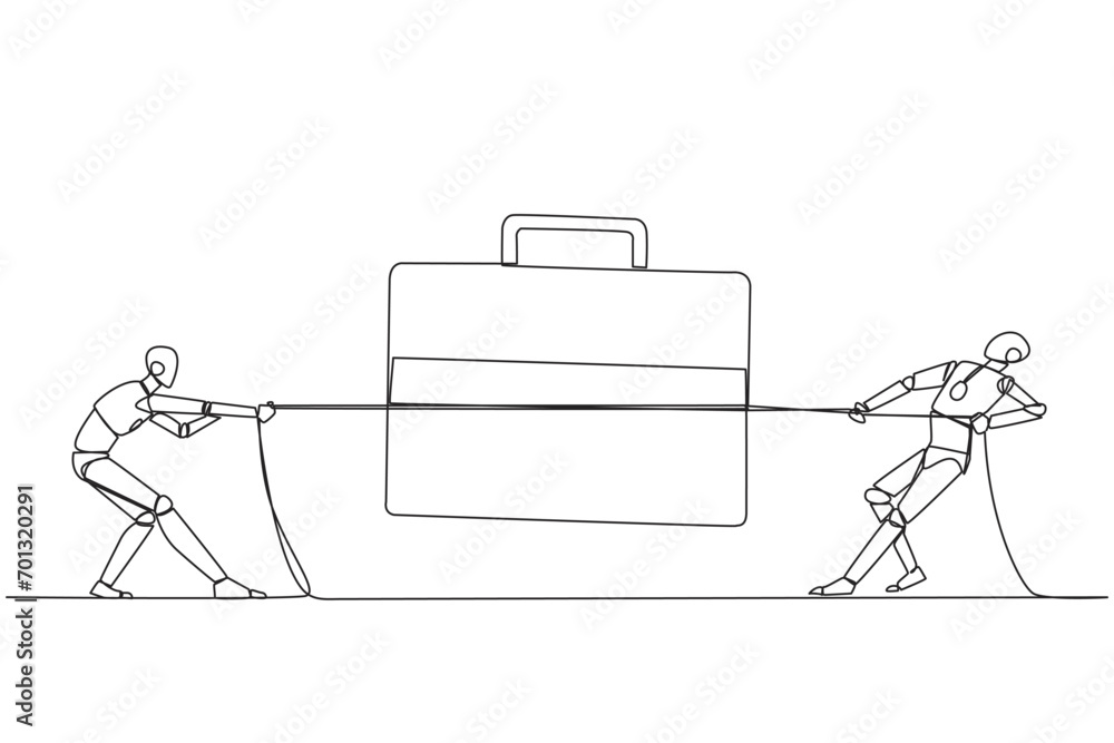 Poster single continuous line drawing two robots fighting over briefcase. compete fiercely to increase user