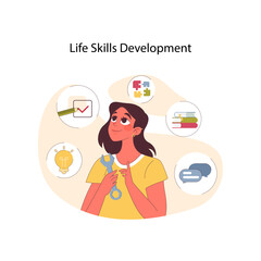 Life skills development concept. Young girl with key tool, willing to work on communication, problem-solving, learning and creativity skills improvement. Pursuit of knowledge. Flat vector illustration