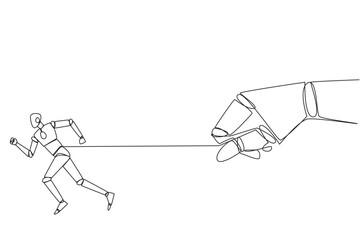 Single continuous line drawing robot runs but its stomach is tied. Artificial intelligence makes the robot unwilling to obey. There is conflict. Wrong code given. One line design vector illustration
