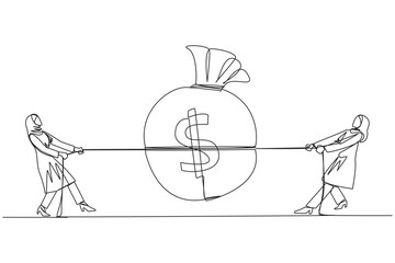Single one line drawing two greedy Arabian businesswomen fighting over a money bag. Compete to get as much profit as possible. Market price destroyer. Continuous line design graphic illustration