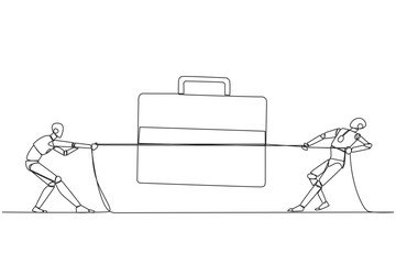 Single continuous line drawing two robots fighting over briefcase. Compete fiercely to increase user trust. The future of sophistication technology for marketing. One line design vector illustration
