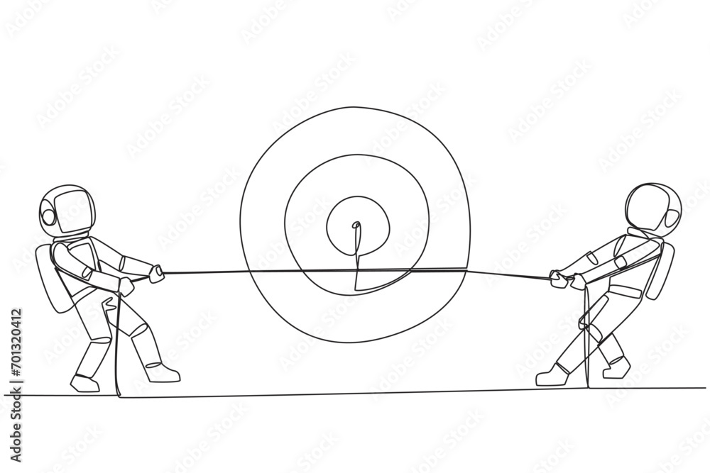 Canvas Prints Continuous one line drawing two astronaut fighting over arrow target board. Fierce battle to reach the goal of reaching the moon. Space man galaxy concept. Single line draw design vector illustration