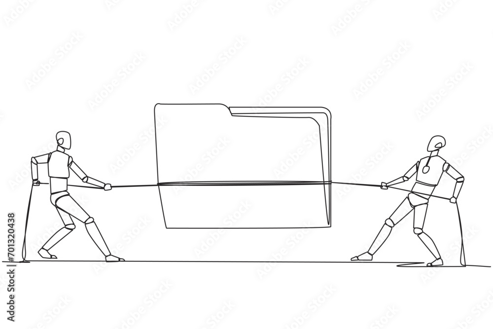 Poster continuous one line drawing two smart robots fighting over document folder. fierce battles to scan f