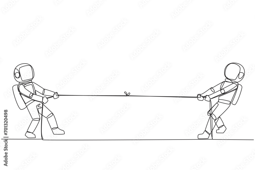 Aufkleber continuous one line drawing two astronaut pulling each other's rope. stretching activities on the lu