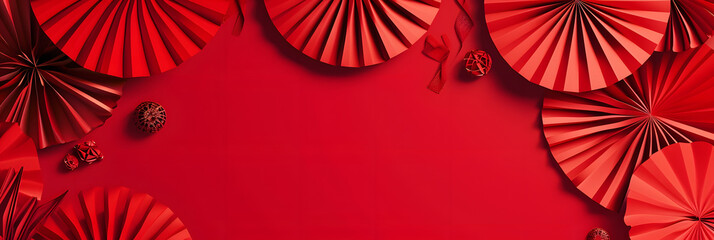 Chinese New Year 2023 .Decor pattern fan on red background. Red paper fans .Lunar New Year banner template. Lunar New Year,chinese banner,chinese new year background