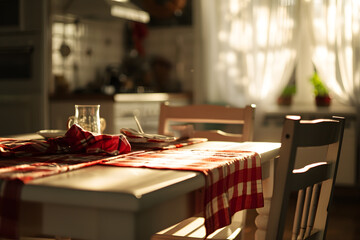 Dining room interior with tablecloth and chairs, shallow depth of field