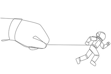 Continuous one line drawing astronaut run but stomach is tied. Small mistakes made when space expeditions. Can't escape. Must be responsible for everything. Single line draw design vector illustration