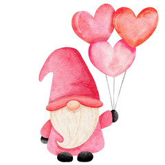 A pink gnome holds a bunch of heart-shaped balloons