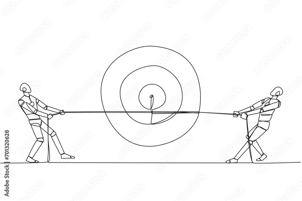 Poster single continuous line drawing two robots fighting over an arrow target board. fierce competition to