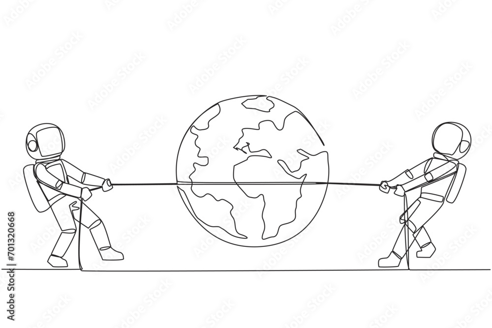 Poster single one line drawing two astronauts fighting over globe. tight competition won the schedule for t